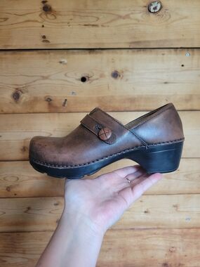 Dansko Brown Leather Slip-On Clog with Decorative Strap